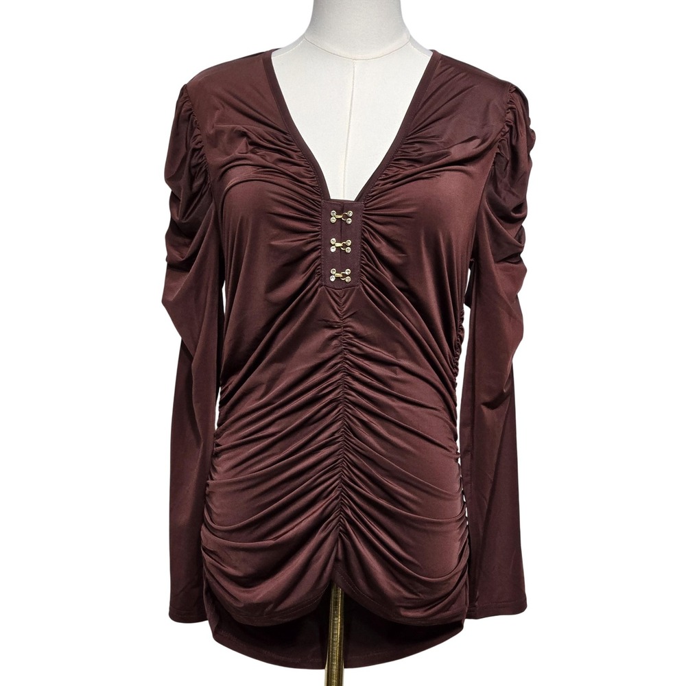 NWT CACHE Ruched V-Neck Long Sleeve Dressy Top in Deep Brown